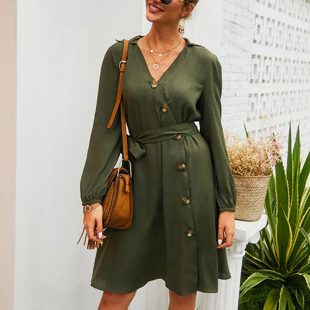 Новое модное женское осенне-зимнее платье с v-образным вырезом и тонким поясом