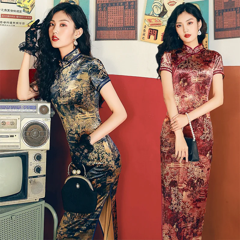 

Oversize 4XL Short Sleeve Printed Velour Long Cheongsam Female Chinese Style Qipao Elegant Traditional Clothing Dress