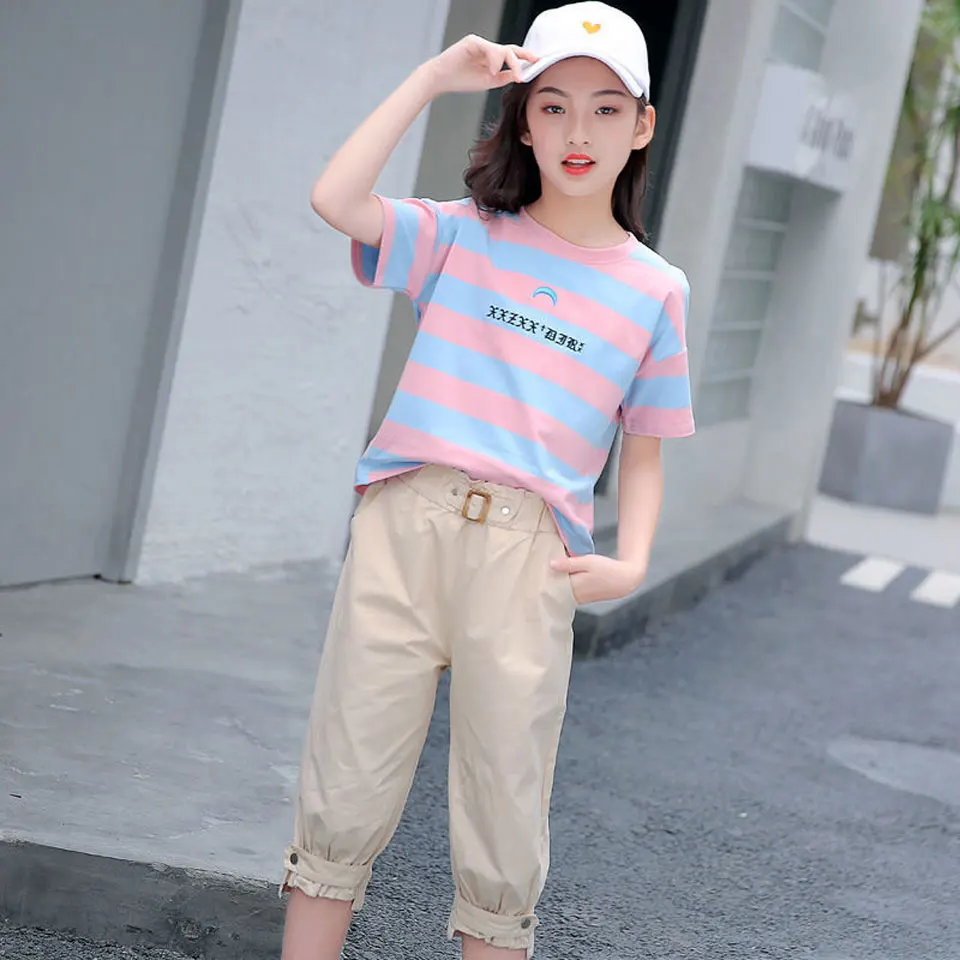 Купи Fashion 2021 Girls Clothes Sets Summer Short Sleeve Tops Striped t-shirt + Pants 2PCS Casual Children Clothing Set Kids Outfit за 979 рублей в магазине AliExpress