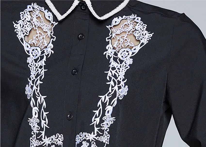

JSXDHK M-XXL Plus Size Women High Quality Fashion Blouse Elegant Spring Autumn Black Flower Embroidery Work Wear Chiffon Shirts