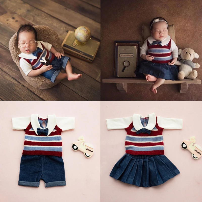 

Newborn Photography Clothing Baby Boy Girl Twins Photography College British Style Clothes Newborn Photo Props Shoot Costume