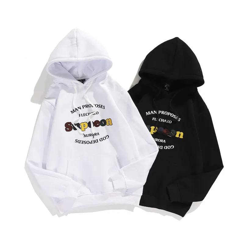 

New Men Sweatshirt Hoodie Letter Printing Long Sleeve Hooded Pullover Plus Velvet Loose Casual Couples Streetwear 100%Cotton