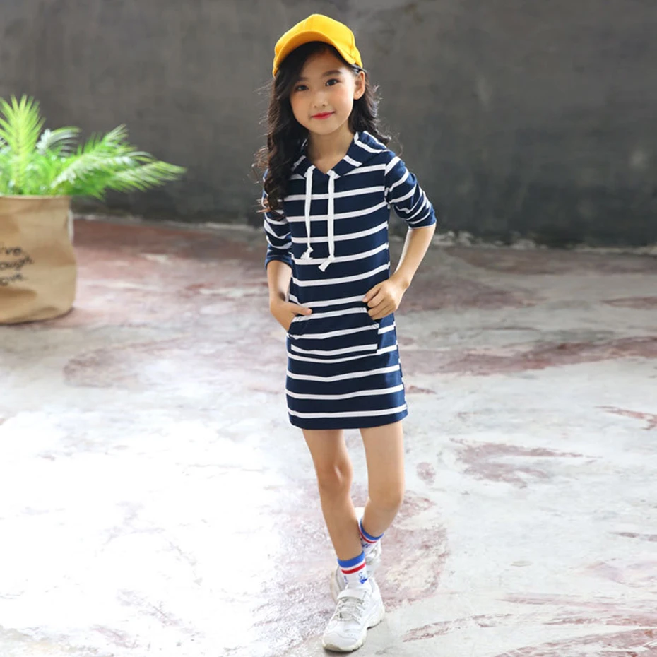 Платье для девочек обтягивающие платья в полоску длинные толстовки с капюшоном