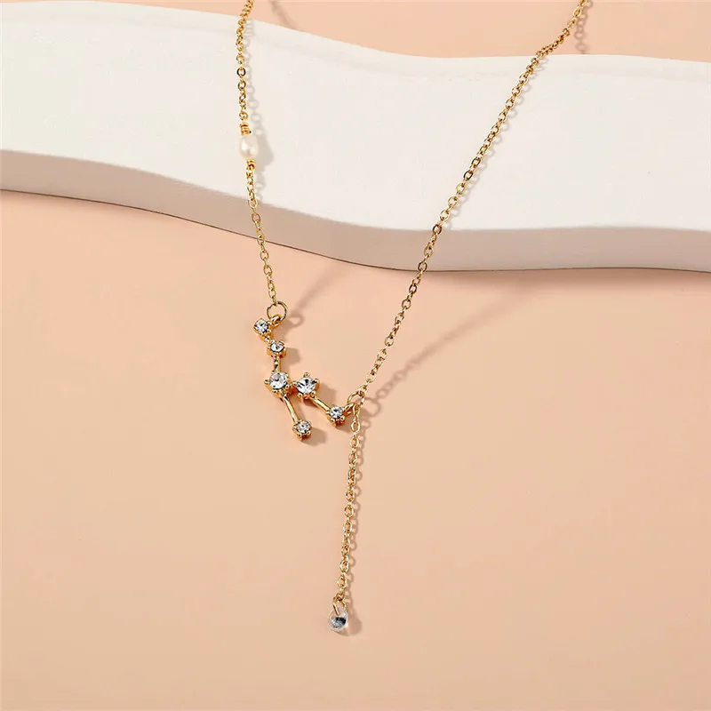 

Women Exquisite 12 Constellation Necklace Zircon Pearl Pendant Alloy Gold Chain Wild Luxury Ladies Fashion Elegant Gift Jewelry