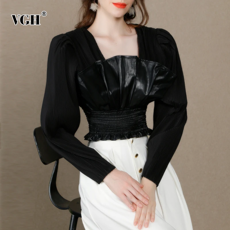

VGH Elegant Black Fold Pleated Slim Shirts Female Square Collar Long Sleeve Korean Solid Fashion Woman Blouses 2021 Autumn Style