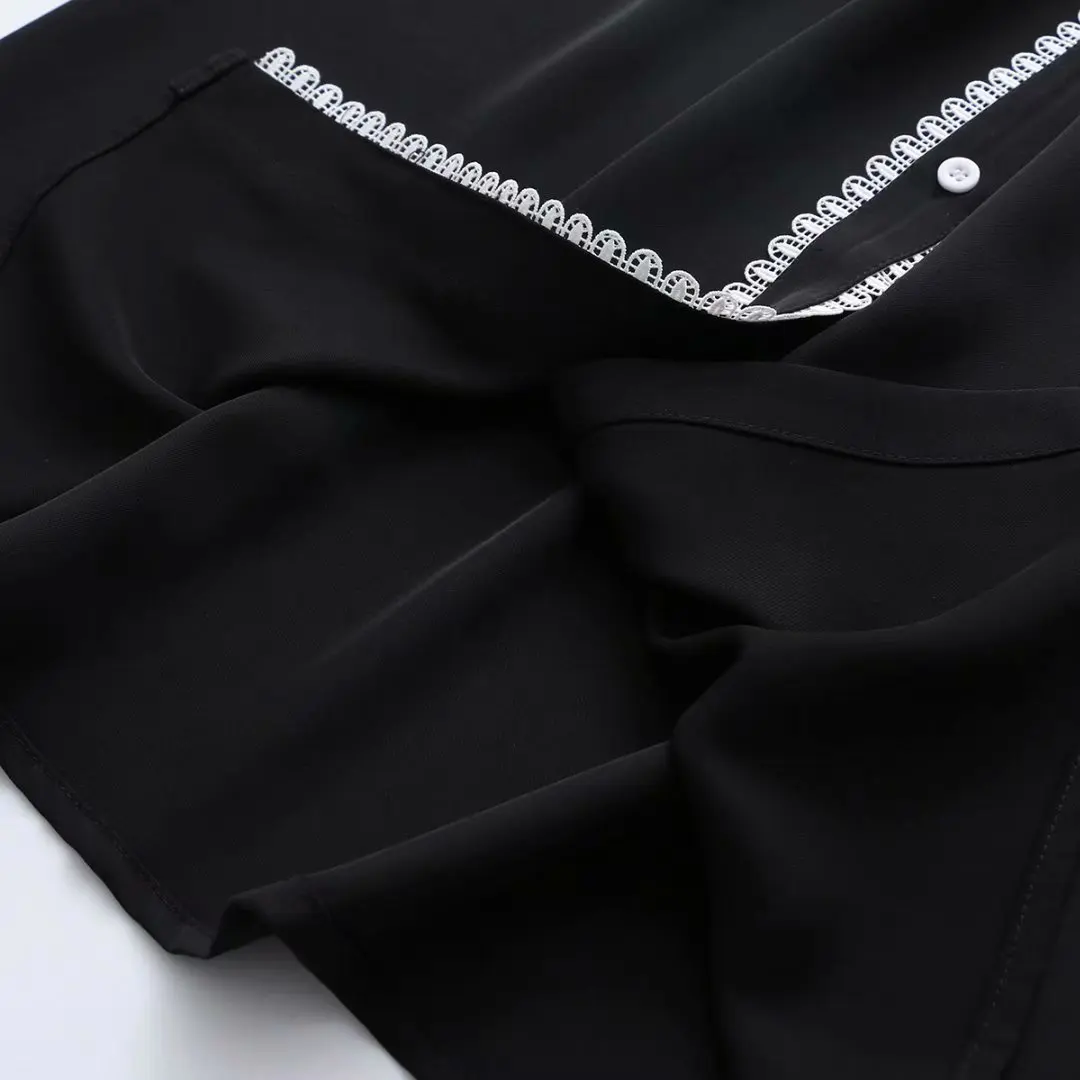 

Plus size Seersucker double collar lace women dresses 2021 summer ladies button black high waist dress female pullovers tops