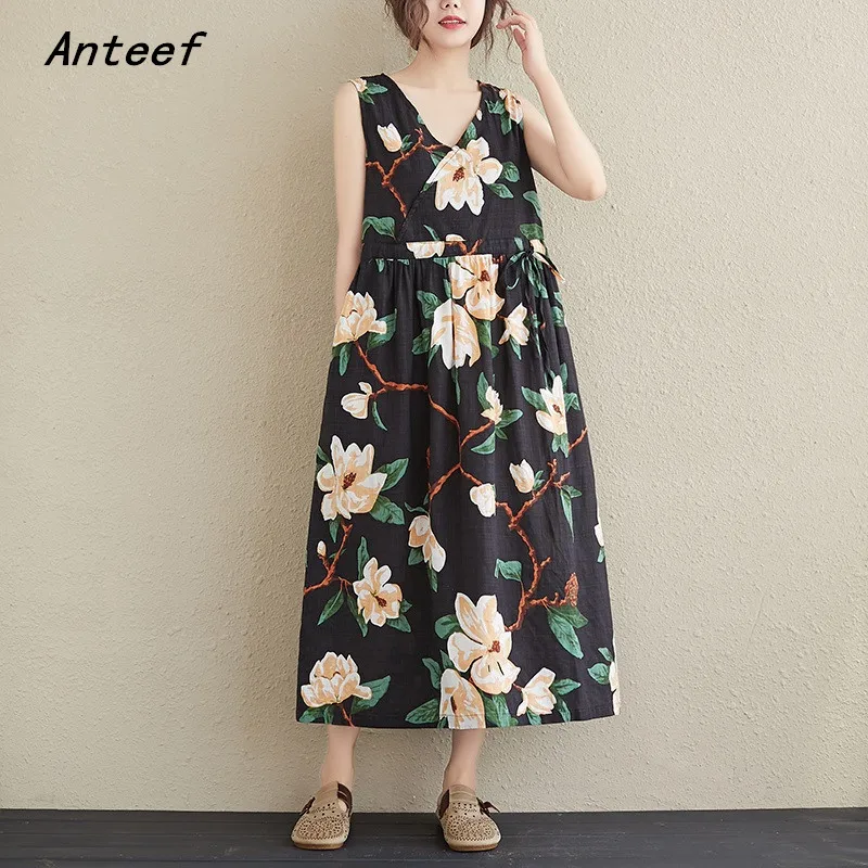 

sleeveless cotton linen vintage floral dresses for women casual loose long summer dress elegant clothes 2022