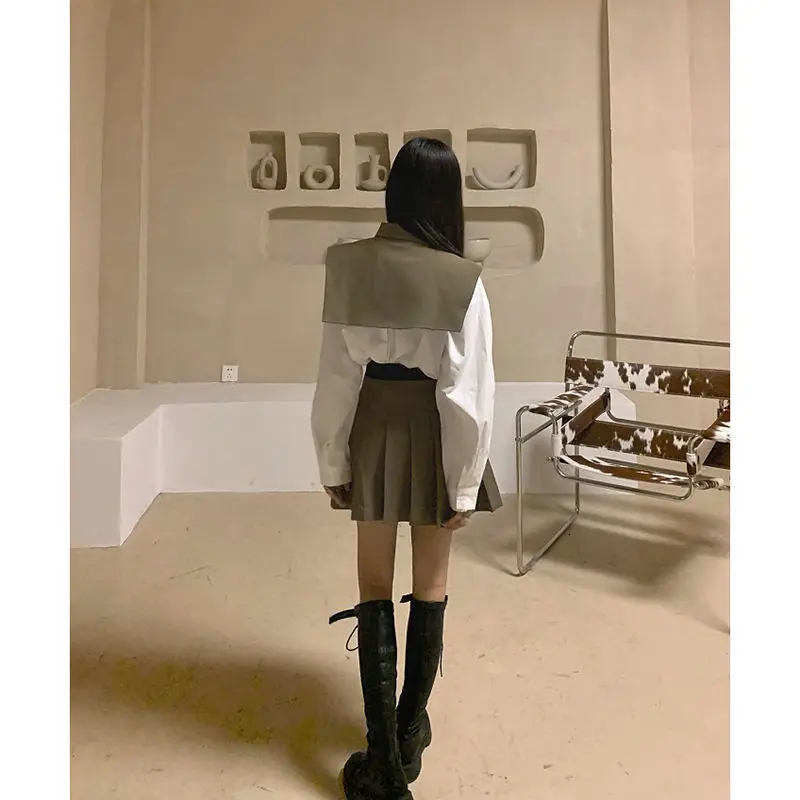 

[ Three - Piece Set ] Pointed Collar Shawl Vest + Long Sleeves Inner Wear Shirt + Pleated Skirt Spring and Autumn Suit for Women