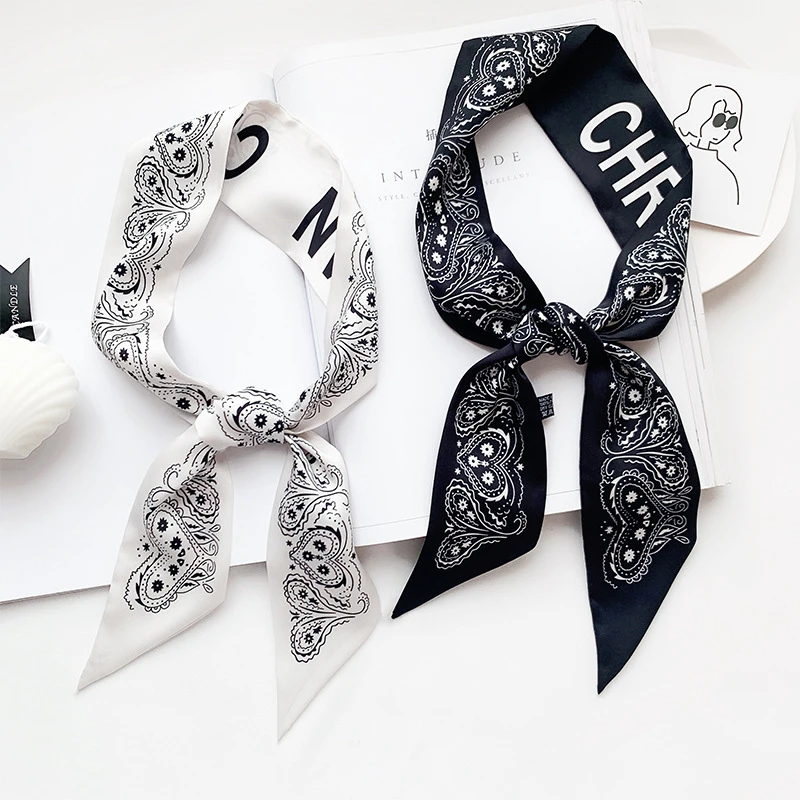

Luxury Brand Balck White Cashew Print Silk Scarf Women Small Skinny Scarfs Binding Bag Handle Ribbon Hair Band Scarves 2021