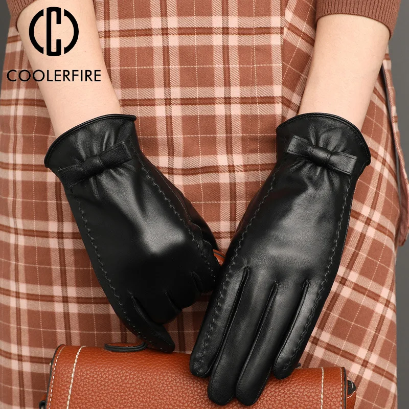 

Fashion Women Leather Gloves Sheepskin Repair Autumn and Winter Plus Cashmere Thick Warm Solid Touch Screen Driving CycleST254