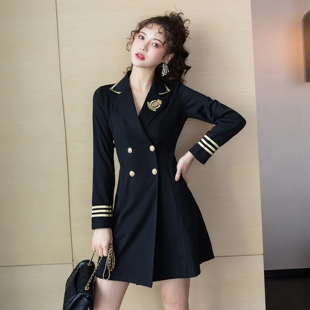 

Uniform Style Blazer Dresses Double Breasted Slim Waist Long Sleeve Casual Suit Woman Plus Size Embroidery Blazers Women Black