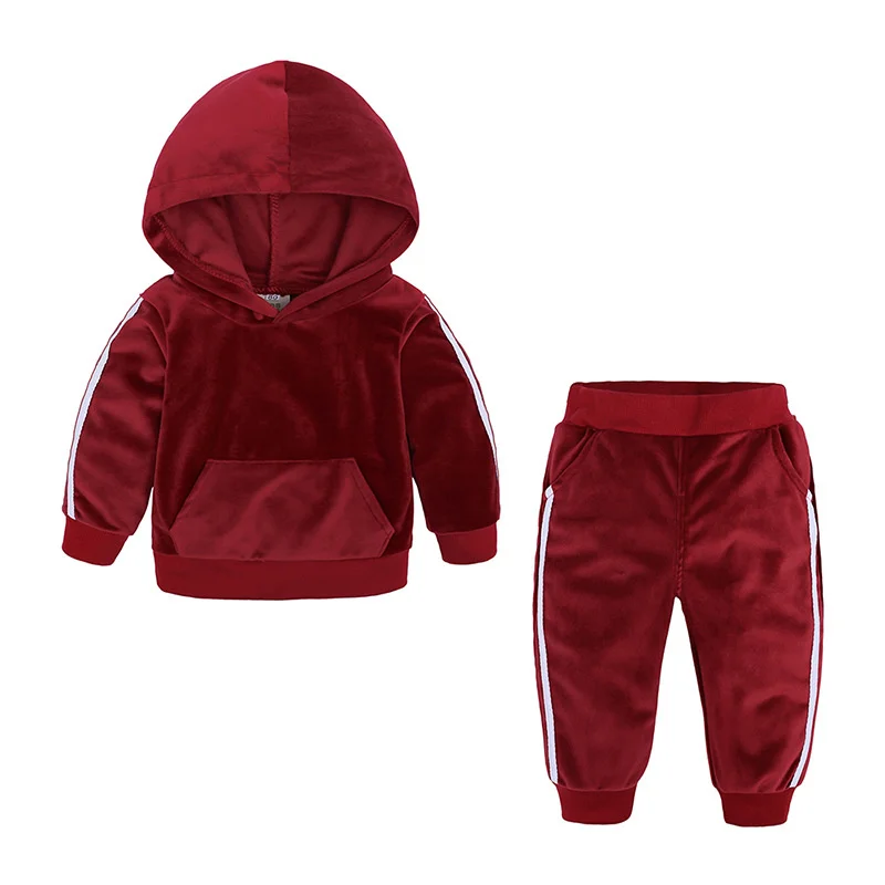 Children Wear Two Piece Hoodies And Pants Suit Warm Solid Leisure Pleuche Soft Boy Girls Sportswear Casual 2021 New