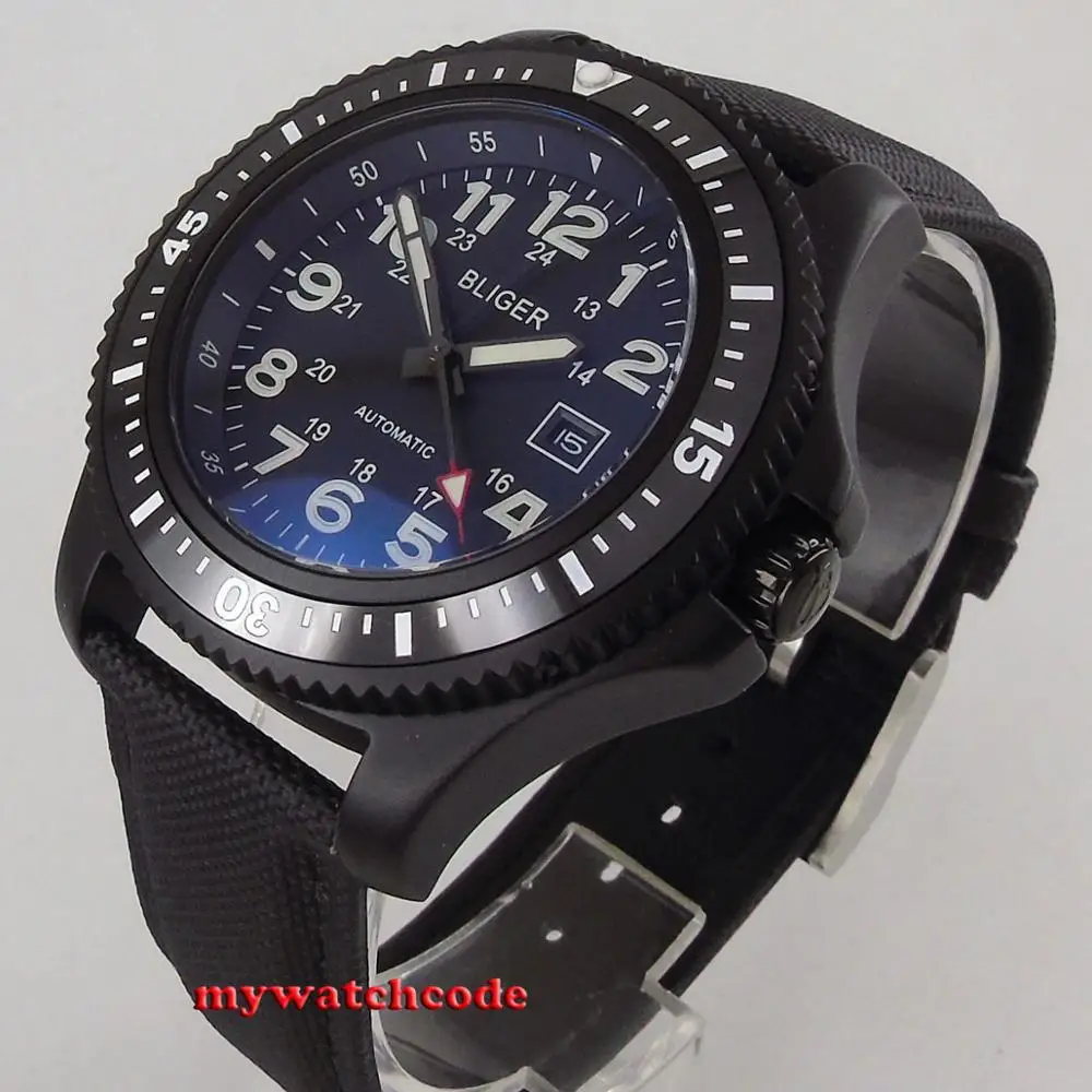 

44mm Bliger Black Dial Watch Miyota 8215 Mingzhu Automentic Mens Watch Date Window Rotating Bezel PVD Coating