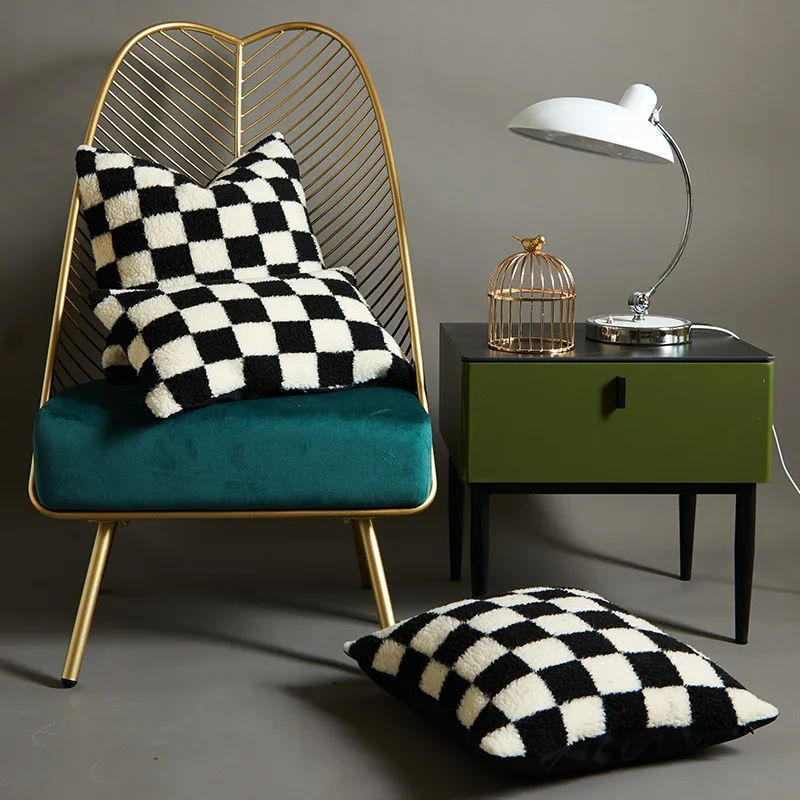 New Nordic Plush Cushion Cover Black White Checkerboard Houn