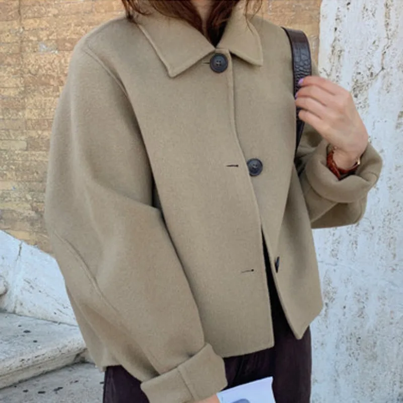 

Wool & Blends Korean Chic Vintage Manteau Femme Lapel Loose Khaki Long-sleeved Woolen Coat Women Short Jacket Overcoat Outwear
