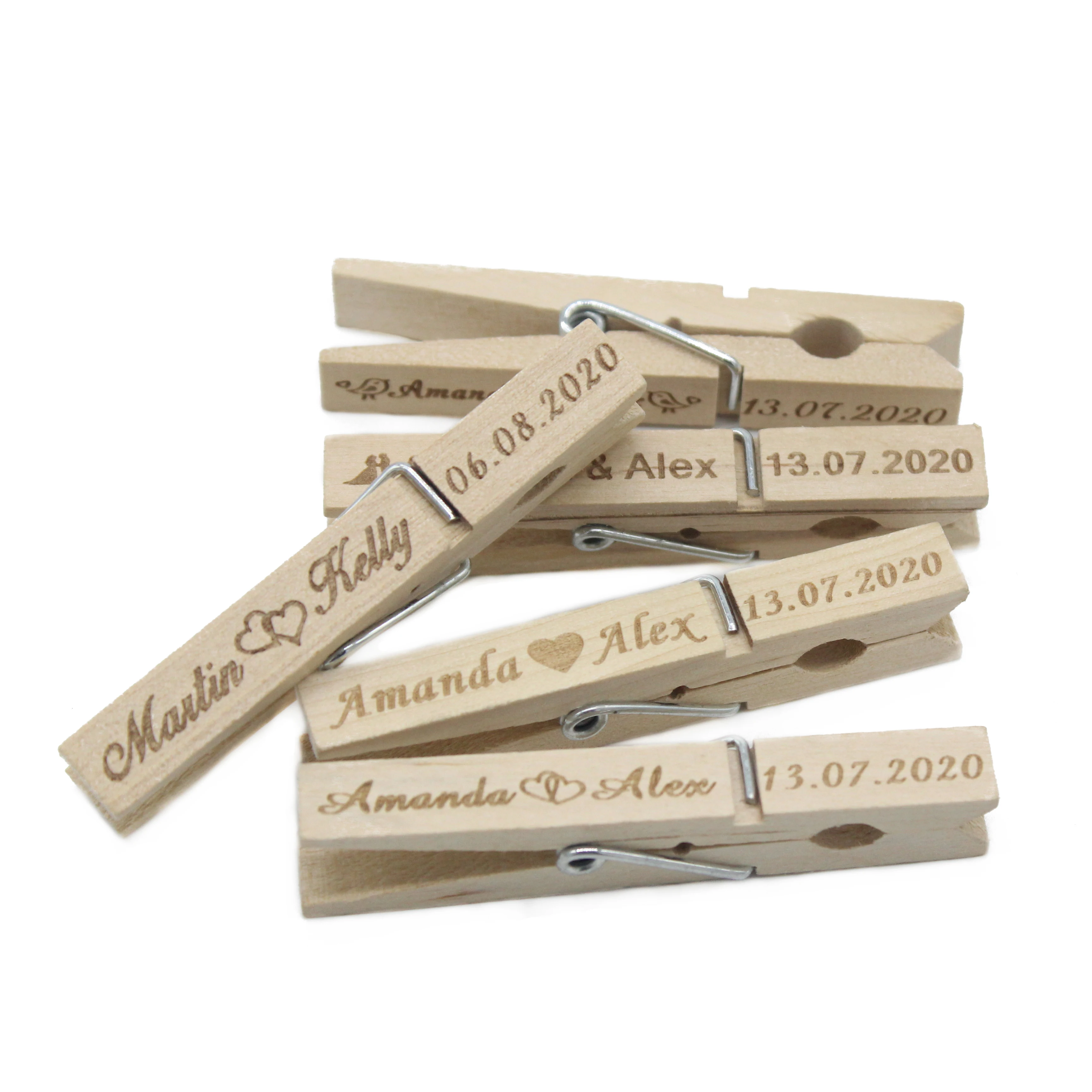 

100Pcs Personalized Engraved Wood Rustic Clothespins Wooden Clothes Pins Classic Clothes Pags Clips Wedding Decor Baby Shower
