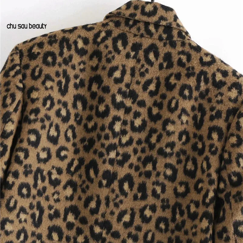 

Women 2020 Fashion Leopard Print Loose Woolen Coat Vintage Long Sleeve Back Vents Female Outerwear Chic Overcoat C88