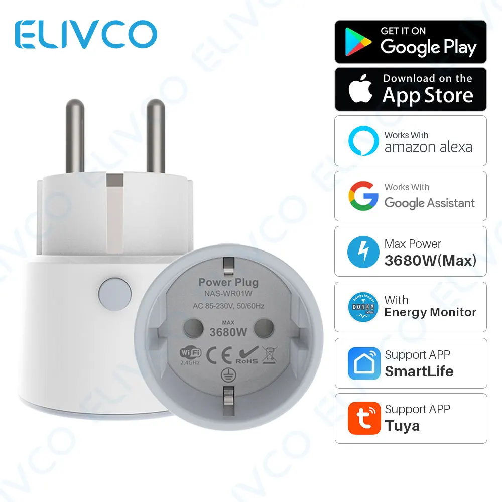 

16A 3680W EU Smart Plug Wifi Intelligent Outlet Power Monitor Wireless Socket Voice Control Works with Alexa Google Home Tuya