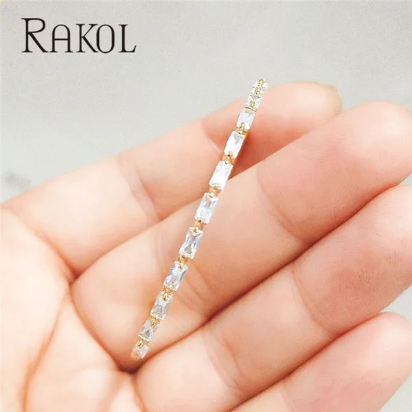 RAKOL AAA+ кубический цирконий багет Bijoux манжета Теннисный браслет и браслет с розовым золотом женские свадебные ювелирные изделия - Окраска металла: Gold Color 5