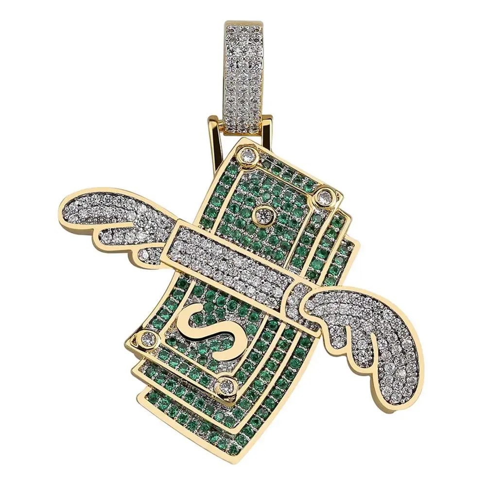 

New Fashion Charms Bling Iced Out Flying Wing Cash Dollar Solid Pendant Necklace Mens Hip Hop Green Gold Jewelry Gifts Chain