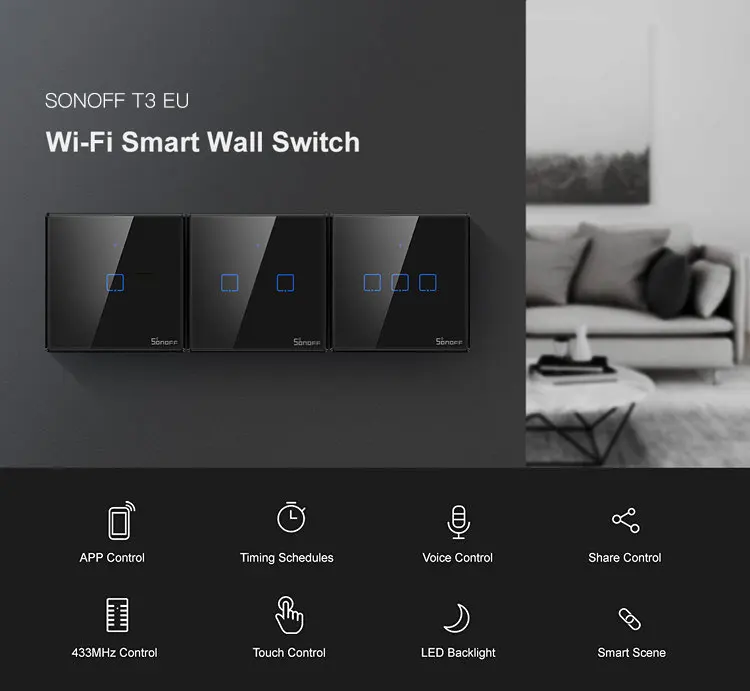 Интеллектуальный выключатель света SONOFF T2/T3 EU/UK TX 1/2/3 Gang Смарт Wi-Fi Сенсорный настенный выключатель света Умный дом 433 RF/Голосовое управление/приложение Управление
