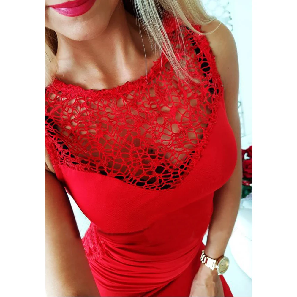 Красное женское летнее платье с разрезом без рукавов сексуальное облегающее