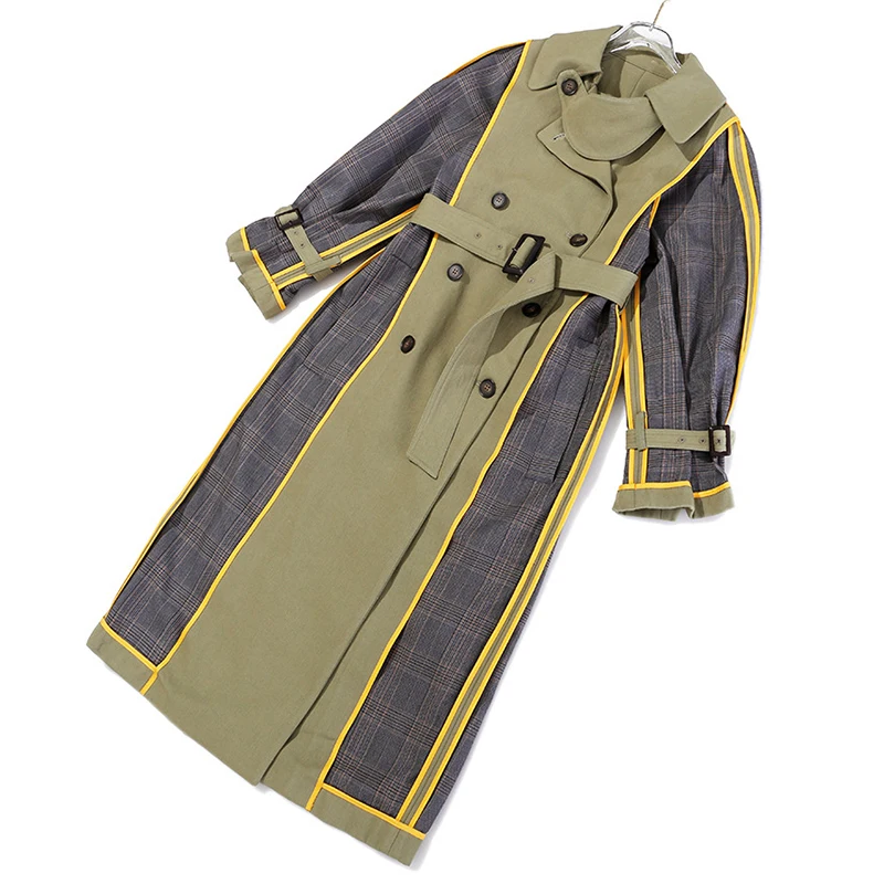 

Sleeve Trech Long Windbreaker Women Lapel Collar High Waist Sashes Hit Color Trench Coat Female