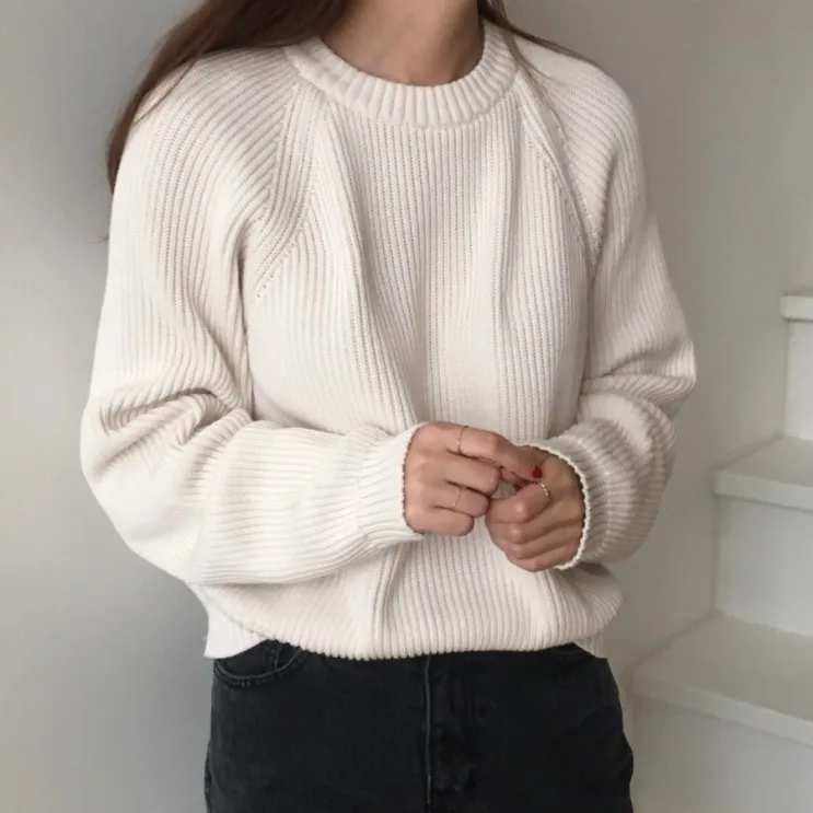 Модный женский вязаный свитер с длинным рукавом однотонный пуловер круглым