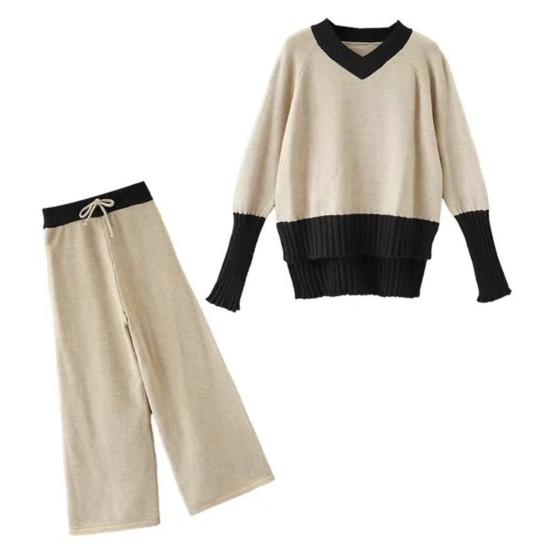 2019 Autumn And Winter Sports Suit New Sweater Women's V-neck Pullover Loose Two-piece Lace-up Pants | Женская одежда