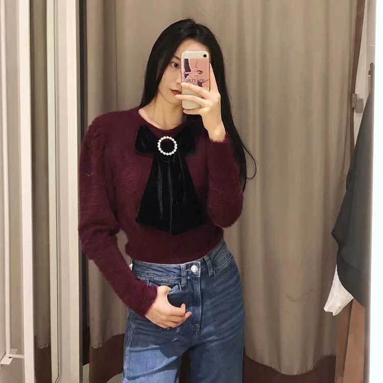 Women Long Sleeve Casual Warm Sweater Female Knit Jumpers Top Autumn Winter Bow Sexy Thick Sweater Pullovers O-Neck Full