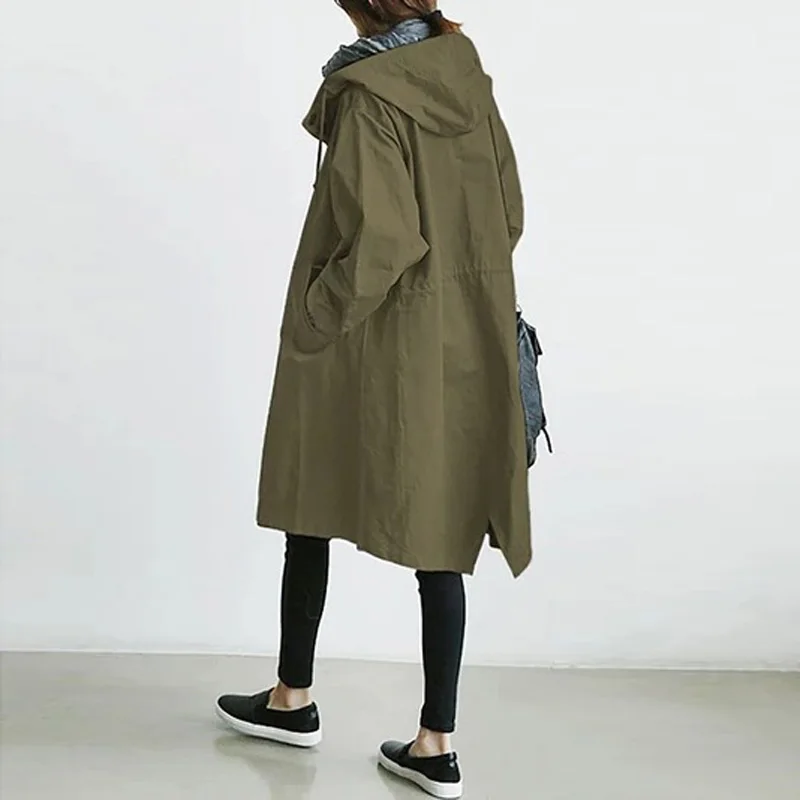 

Korean Style Solid Windbreaker Fashion Plus Size Spring Autumn Long Sleeve Single Breasted Patchwork 2021 Women's Hooded Coat
