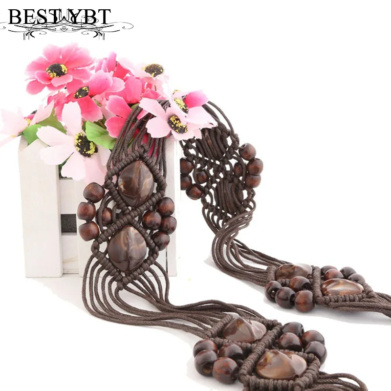 Женский ремень YBT в национальном стиле плетеный вручную с деревянными бусинами