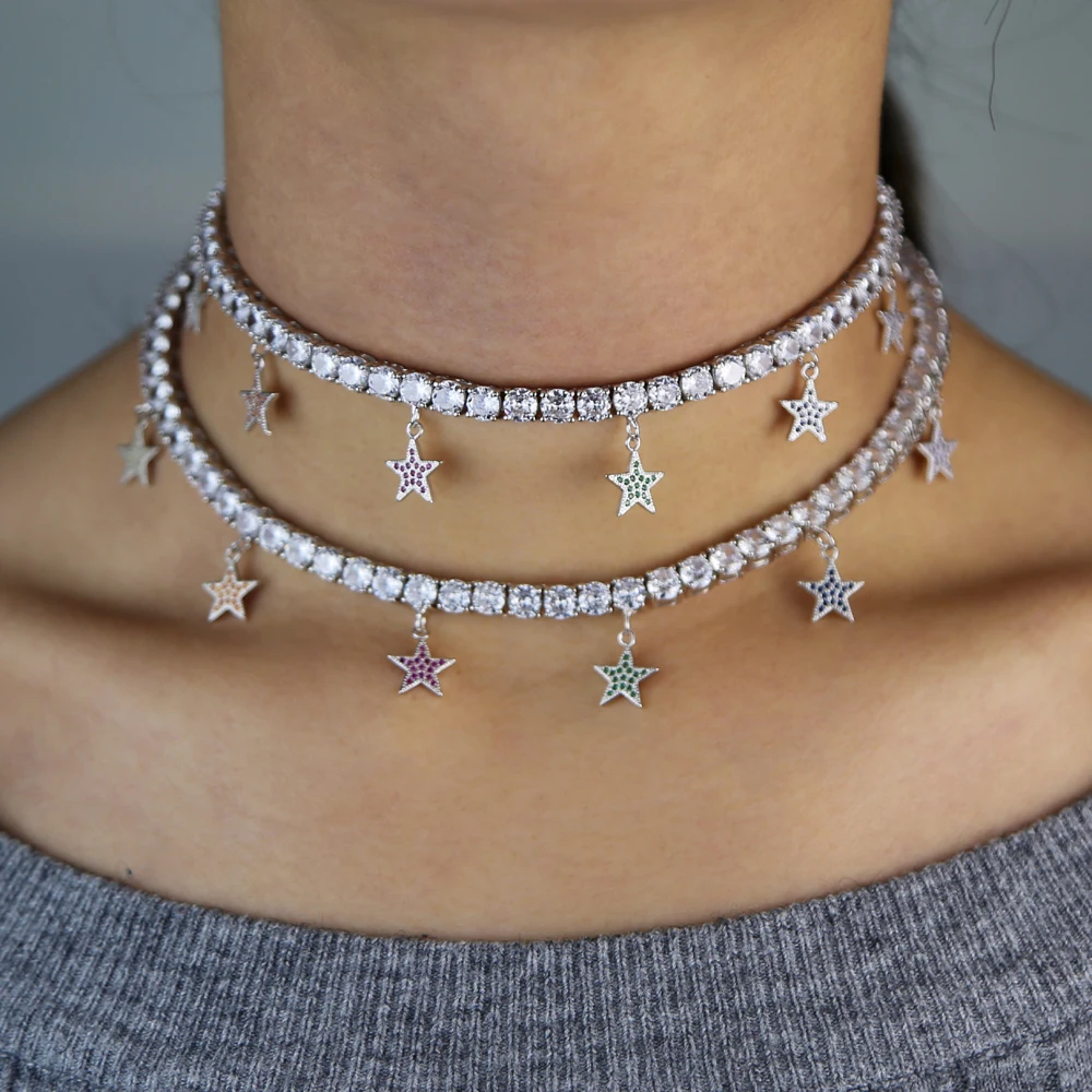 delicate rainbow Colorful cz star drop 5A tennis chain necklace iced out hip hop choker for women girl luxury jewelry | Украшения и