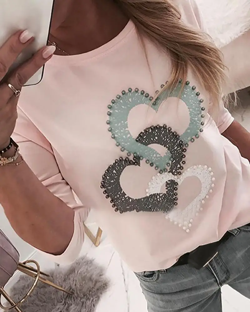 

Beaded Heart Print Round Neck Long Sleeve T-shirt Women Spring Fashion Casual Tshirt Femme Blusa Womens Tops Streetwear