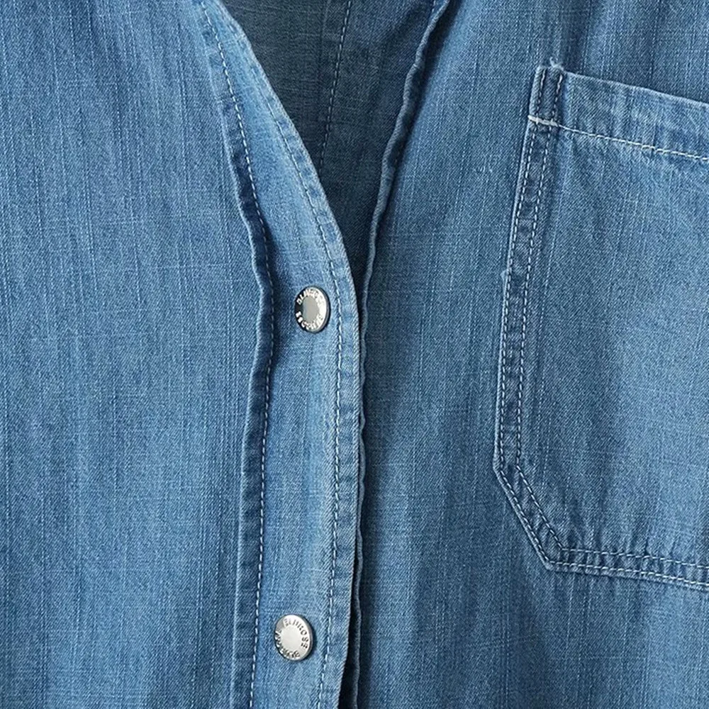 

Spring New Plus Size Women Turn-Down Collar Long Sleeve Plain Street Retro Denim Blouses