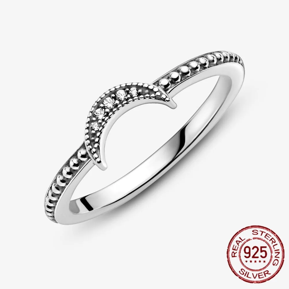 

Genuine 100% 925 Sterling Silver Crescent Beaded Ring Finger Can Be simple Ring Party Jewelry Gift Wedding Ring