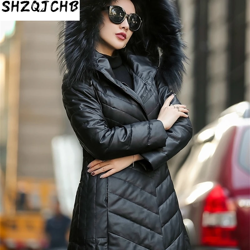 

JCHB 2021 Real Raccoon Dog Fur Collar Genuine Leather Jacket Women Autumn Winter Sheepskin Coat Female Long Down Jacket Slim XS1