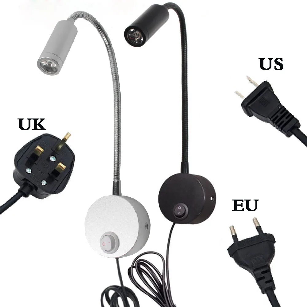

DWT 3W LED Hoses Wall Lamp Flexible Home Hotel Bedside Reading Lamp Fashion Study Book Lights Fixtures Spotlight EU/US/UK Plug