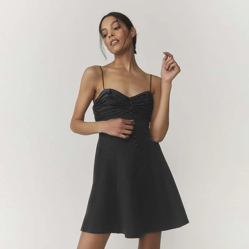 

Solid Buttons Ruched Mini Dress Bodycon Women Strap Elegant Hollow Out Backless Dresses Party Streetwear 2021 Summer Clothing