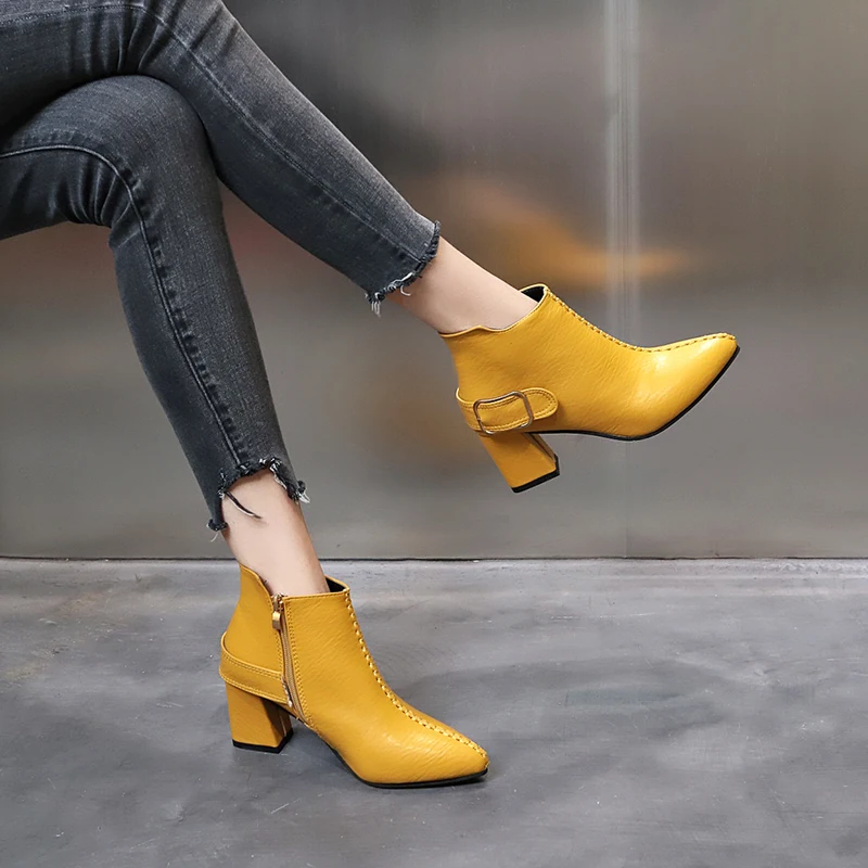 Женские ботинки на высоком каблуке Желтые Модные ботильоны в стиле ретро женская