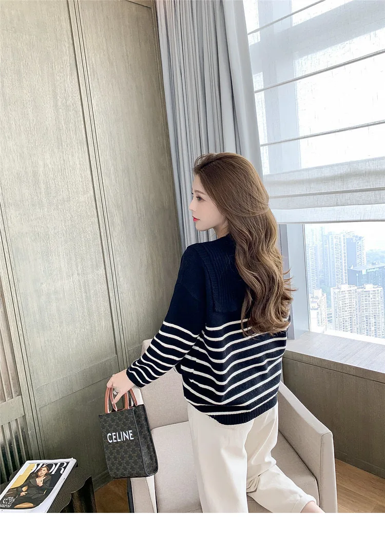 

College style knitted striped sweater female Korean style literary thick loose pullover casual long sleeve o neck