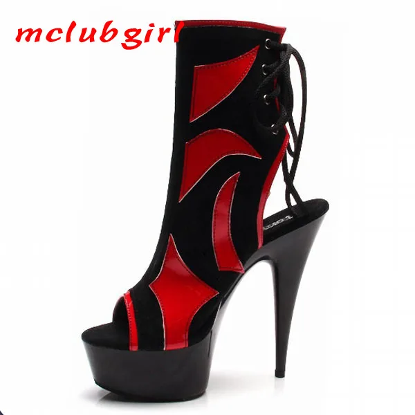 

Mclubgirl Red Sexy Women Fish Toe Boots 15cm Super High-heeled Boots Female Models Wearing Low-barrel Short Black Red Boots. LYP