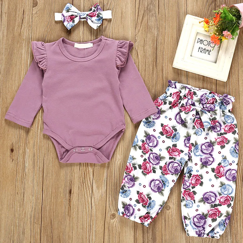 

Girls Cotton Three-piece Suit Purple Long-sleeved Floral Trousers Plus Head Knot M09