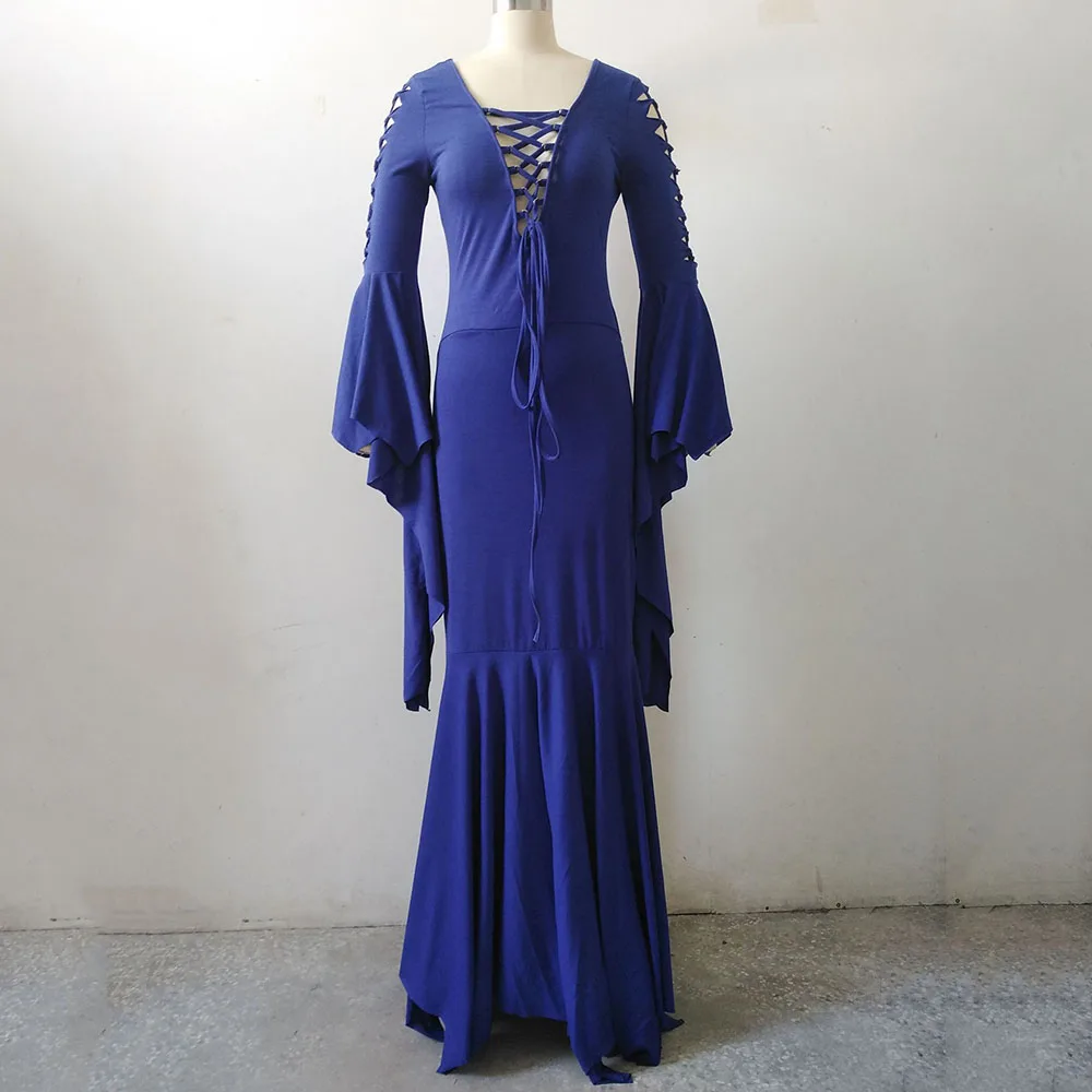 Gothic Deep V Bandage Sexy Dress Retro Irregular Hollow Trumpet Long Sleeve Asymmetry Floor Slim Dresses Goth Party Vestido |