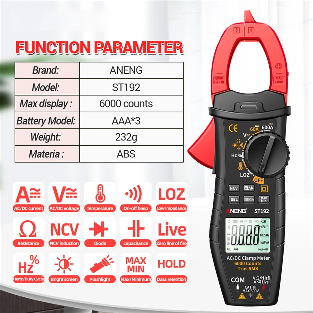 

ANENG ST192 Digital Clamp Meters Multimeter 60A/600A Tester AC/DC Current 6000 Counts True RMS Capacitance NCV Ohm Hz Transistor