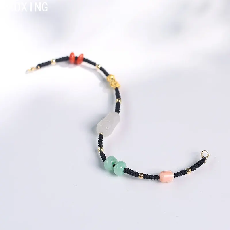 

Natural Hetian Jade Cabbage Hand Woven Pixiu Bracelet for Men and Women Green Jade Bead 18k Gold Bracelet