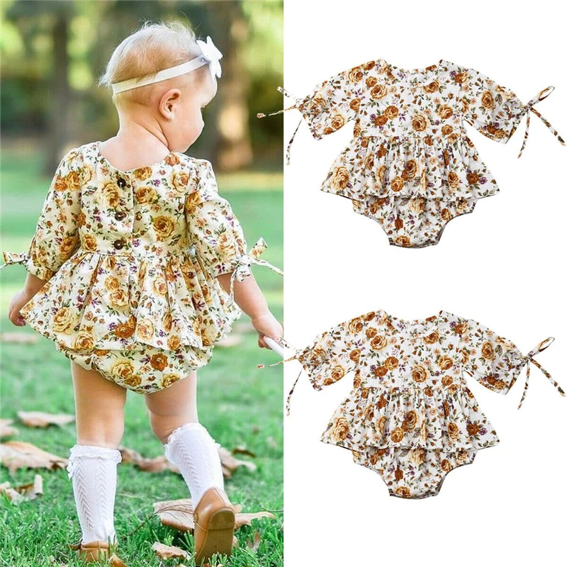 

Newborn Toddler Baby Girls Floral Print Princess Romper Floral Ruffles Long Sleeve Bodysuit Jumpsuit Outfits 0-24M