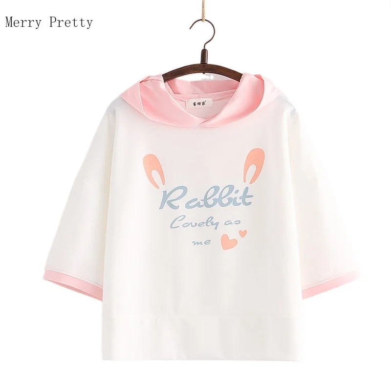 

Harakuju Print Kawaii Hoodies With Ears On Hood Women 2021 Summer Half Sleeve Kawaii Sweatshirts Sweet Style Korean Fashion Tops