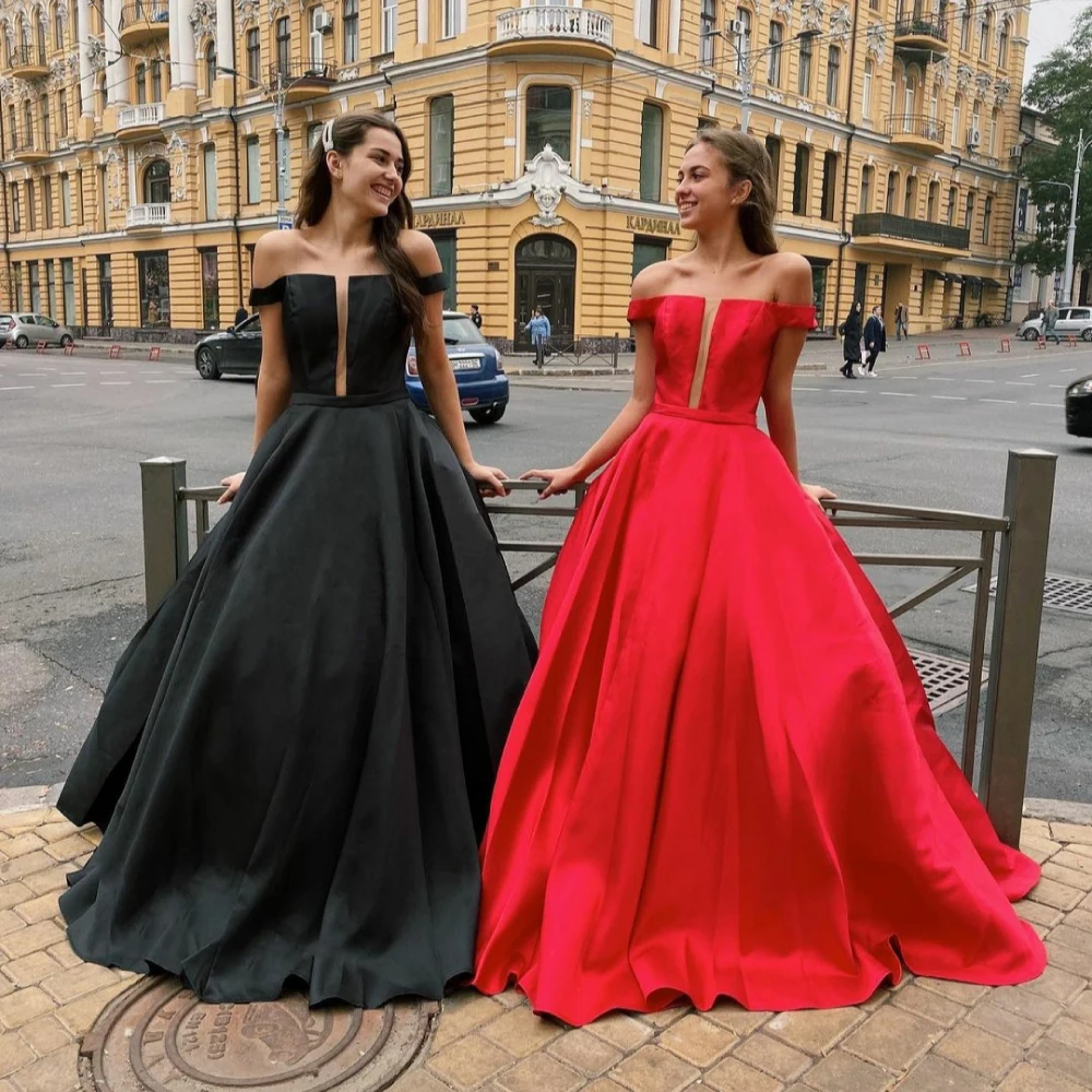 

Black Satin Night Dresses for Women Party Off the Shoulder Women's Evening Dress 2021 A-line Elegant Ceremony Long Party Dresses