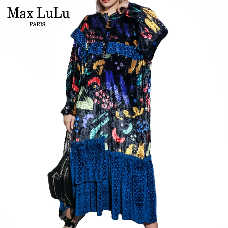 Max LuLu модная Корейская одежда осенние женские бархатные уличные Женские Элегантные Цветочные Длинные Платья повседневные Лоскутные Платья
